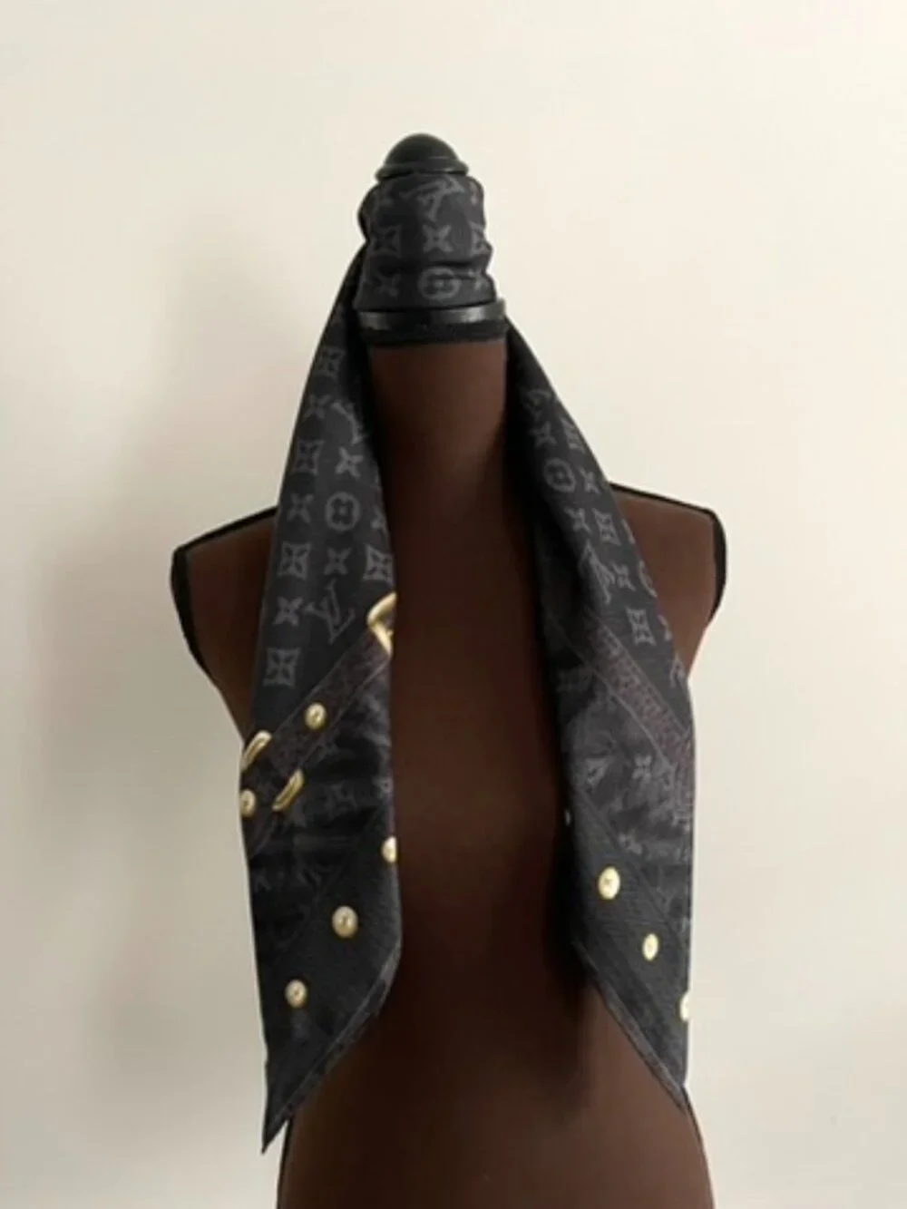 Display #2 Louis Vuitton Monogram Silk Twill Square Scarf Black Gray Gold